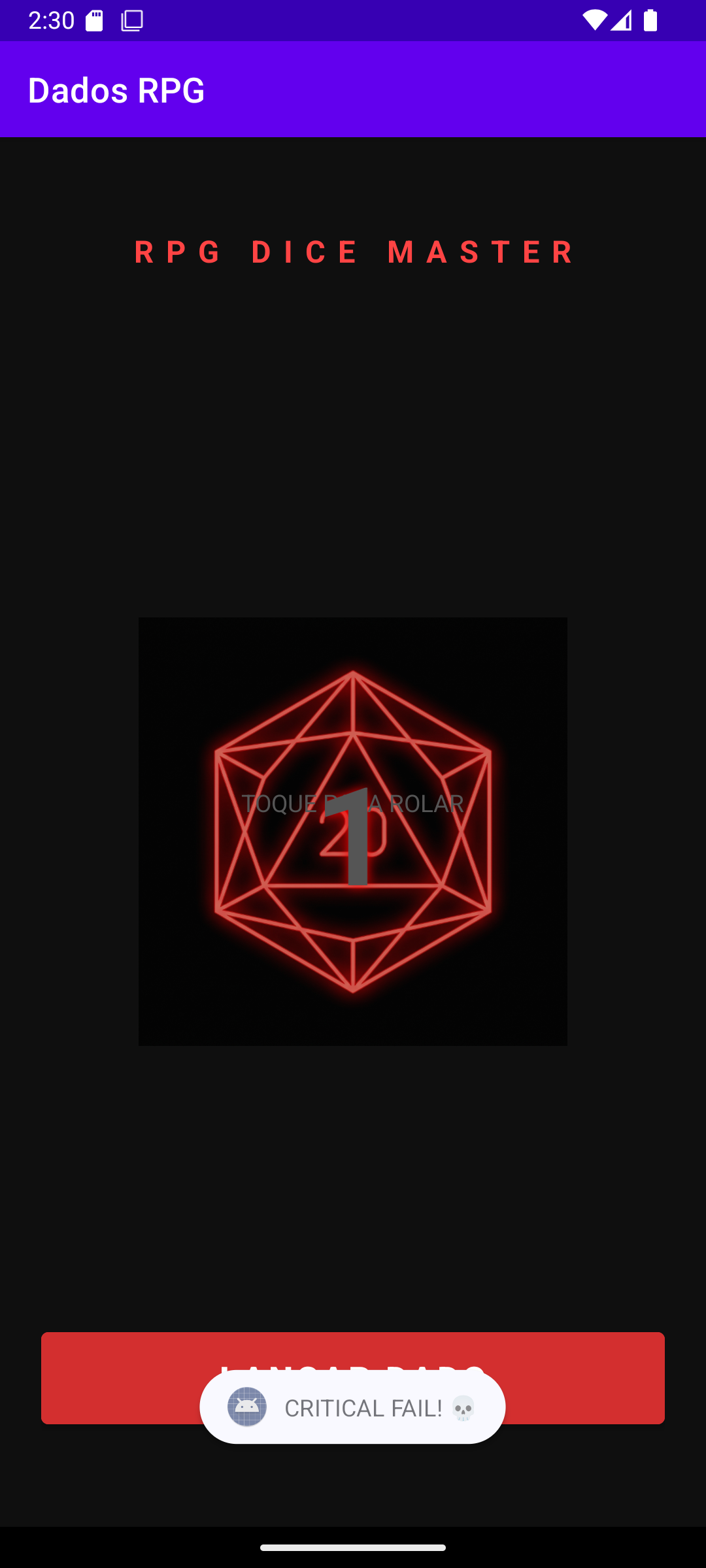 App Dados RPG exibindo uma Falha Crítica (D20 = 1)