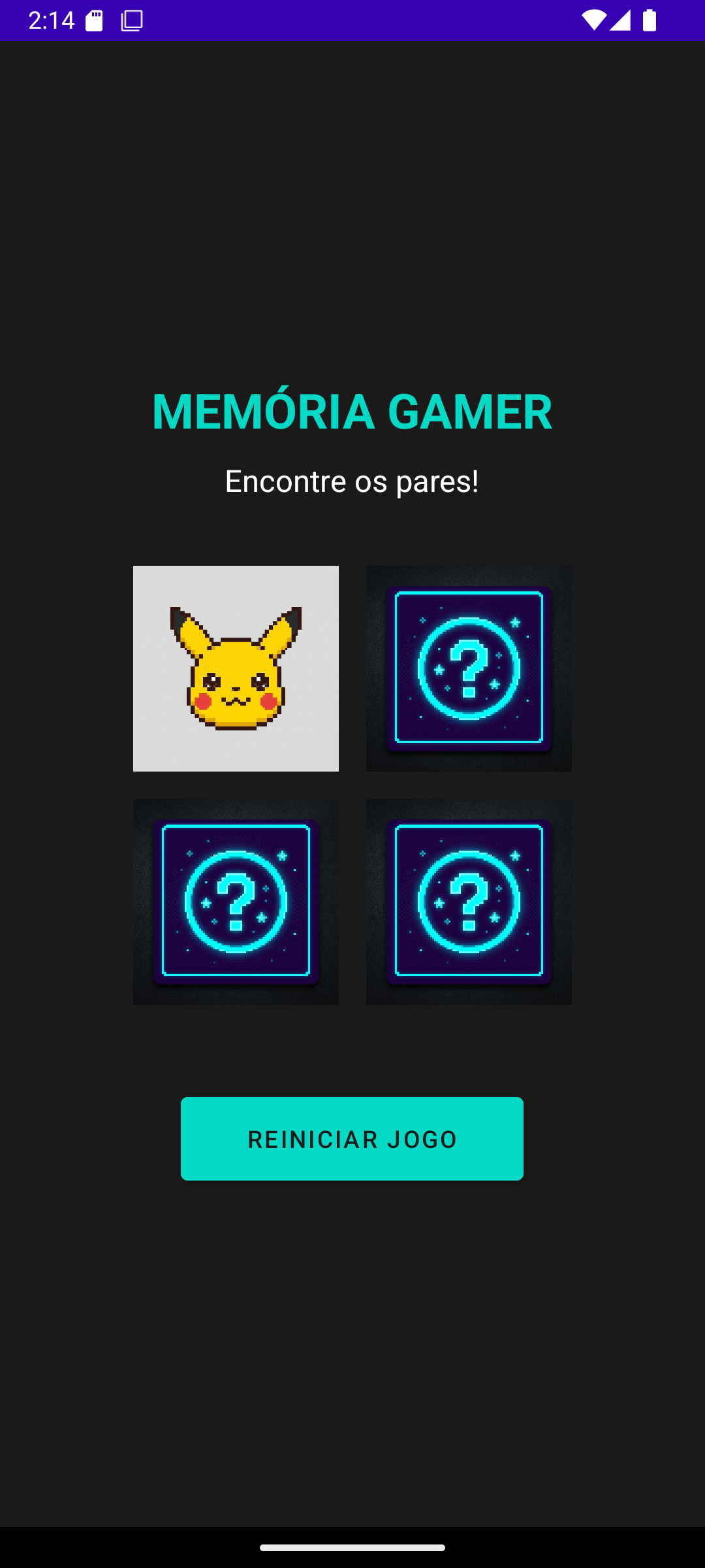 Tabuleiro com 8 cartas — uma carta revelada (Pikachu)