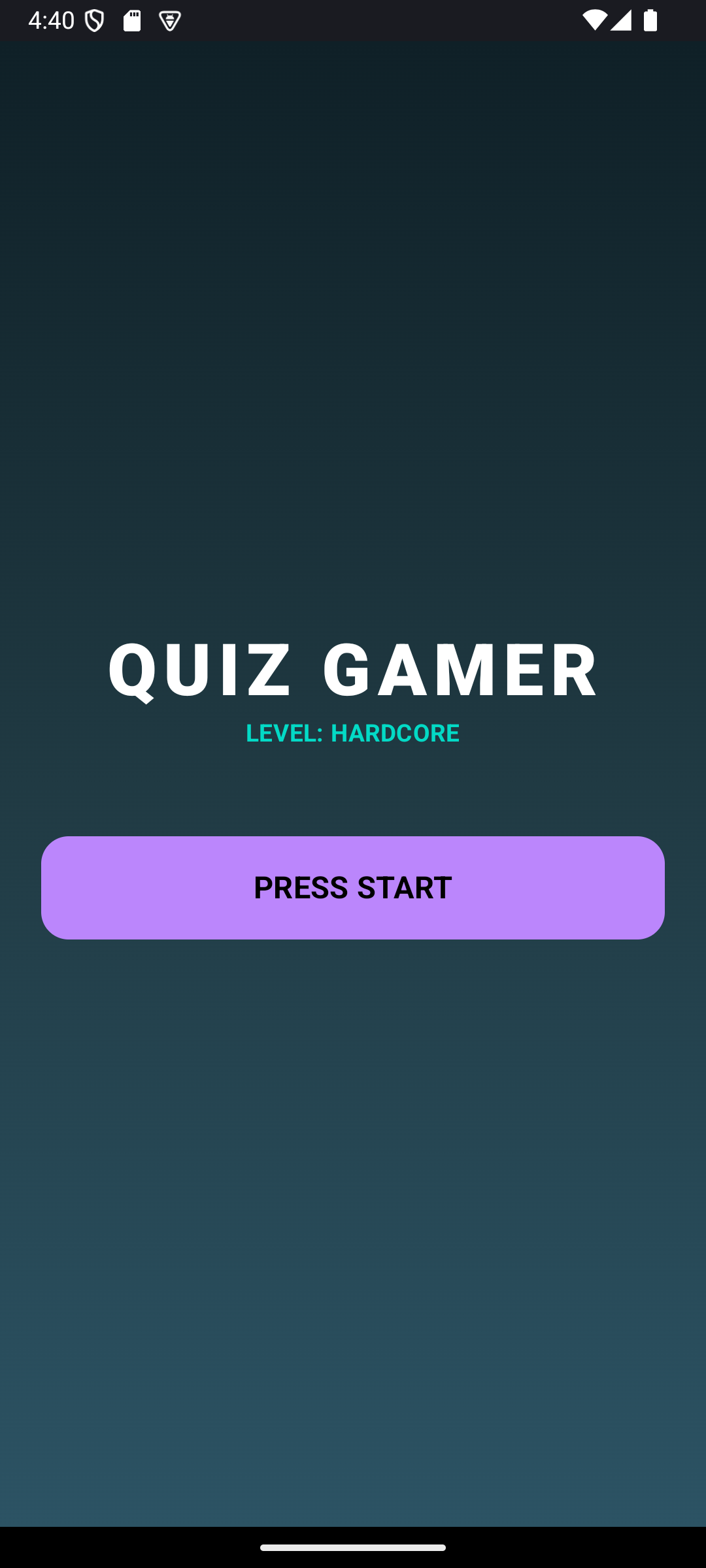 Tela inicial do Quiz Gamer (nível Hardcore)